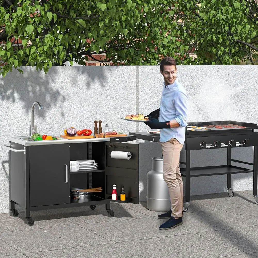 스테인리스 싱크대가 있는 야외 주방 아일랜드, 금속 그 - Outdoor Camping Sink 리뷰 및 가격